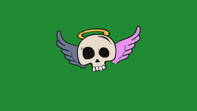 Skull with angel wings and halo cartoon animation on green screen chroma key background