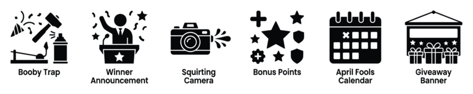 Set of event and celebration icons including booby trap and giveaway for marketing campaigns