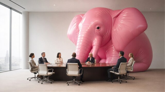 Business team sitting at a conference table with a giant pink elephant in the office. Metaphor for unspoken issue or ignored problem in corporate meeting. Strategy and management concept