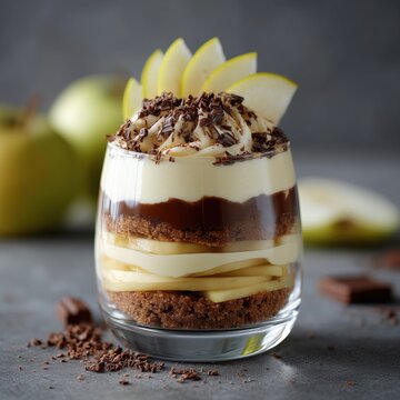 Glass cup showing clear layers of apple mousse chocolate crumble and white cream dessert topped with fresh apple slices and chocolate