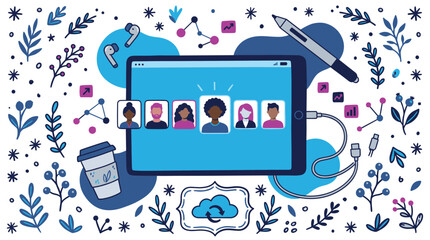 Fototapeta premium Remote communication and technology design icons with tablet, earphones and pen for web app design in colorful vector art