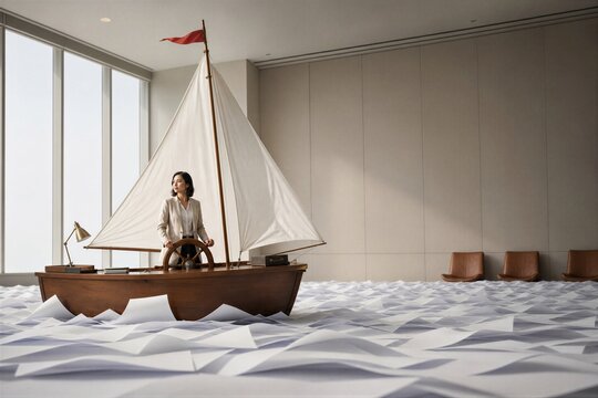 Woman businesswoman navigating a boat made from an office desk through a sea of white paper sheets. Concept of leadership, career challenges, stress management and corporate vision