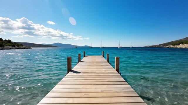 Wooden dock extending into the calm turquoise ocean with sailboats on a bright sunny day under a blue sky