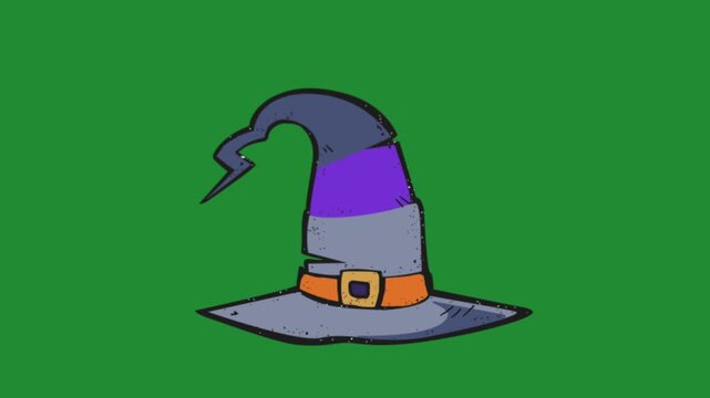 Witch hat cartoon animation with purple stripe and orange buckle on green screen chroma key background