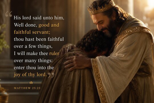 Matthew 25:23 Scripture on faithful servant's reward, diligence, and the joy of divine recognition.