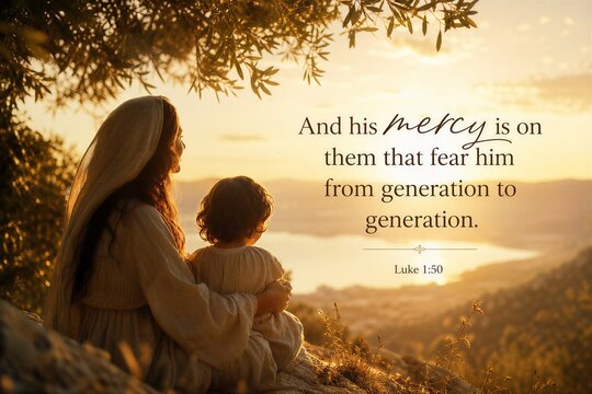 Luke 1:50 Scripture on a tranquil background, showing divine mercy and generational reverence through elegant typography.