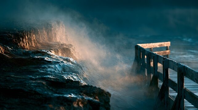 Mineral rock ridges and steam at geothermal hot spring terrace