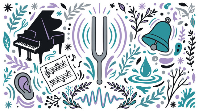 Music and sound concept icons with piano, tuning fork and bell for presentation design in colorful illustration