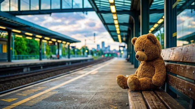 Teddy bear sitting alone on bench at urban train station platform. Symbol of lost child and abandonment. International day of missing children awareness concept