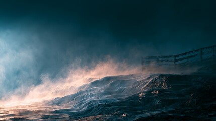 Fototapeta premium Sulfur mist glowing over geothermal terrace at dusk with wooden railing