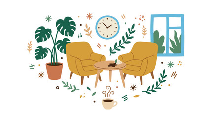 Naklejka premium Cozy living room and nature vector icons with armchairs, coffee cup and potted plant for web branding in flat illustration
