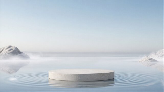 Empty stone podium standing in calm water with ripples. Minimalist circular platform for product display in misty lake landscape. Zen nature scenery for luxury cosmetic presentation