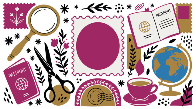 Travel and postal concept icons with passport, globe and magnifying glass for branding design in colorful illustration