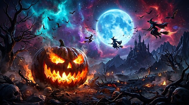 Witches flying on brooms over spooky halloween valley with giant flaming pumpkin and skulls under colorful cosmic sky.