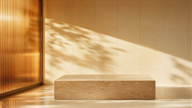Empty stone podium for product display with sunlight and shadow. Minimalism interior background with beige tile wall. Architectural stage for exhibition, presentation and design