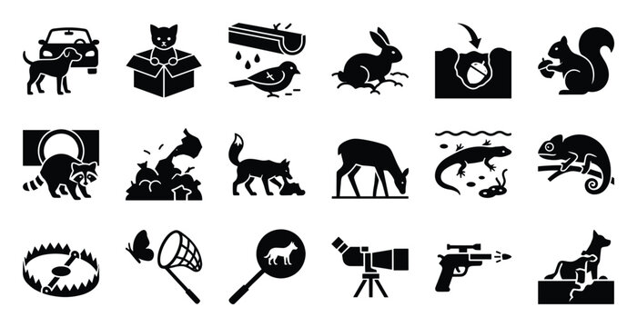Set of wildlife and pet animal icons for nature, outdoor, hunting designs