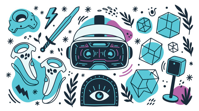 Virtual reality and gaming vector icons with VR headset, sword and controllers for mobile app design in modern outline style