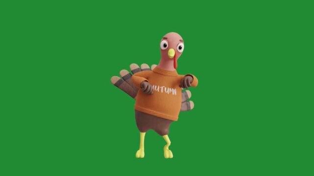 Funny turkey character wearing an autumn sweater dancing on a green screen chroma key background
