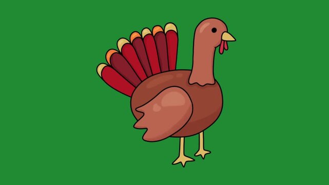 Cute cartoon Thanksgiving turkey with colorful tail feathers on a solid green background