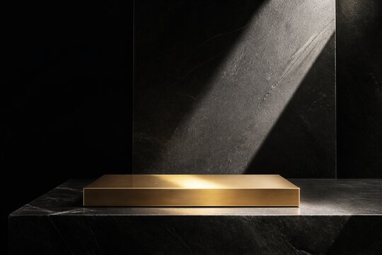 Empty gold product display pedestal on black marble surface. Minimalist stage for luxury commodity. Background with soft spotlight for jewelry or cosmetics presentation concept