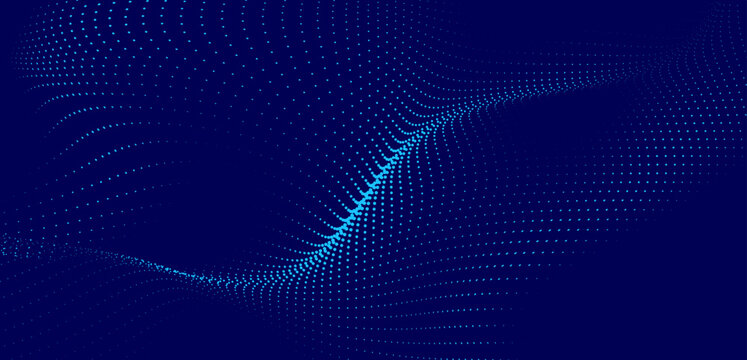 Abstract blue dotted wave on dark background with flowing particle mesh technology vector illustration