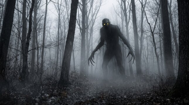 Towering Shadow Creature Standing in Fog Covered Forest Low Angle
