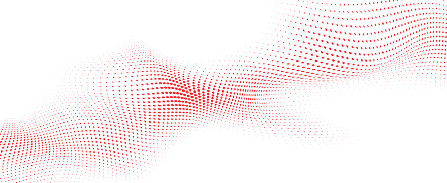 Abstract red halftone wave with flowing dotted mesh pattern and dynamic particle surface background vector illustration