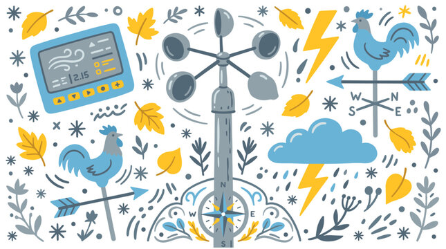 Weather and autumn vector icons with wind meter, rooster weather vane and lightning bolt for infographic branding in colorful illustration