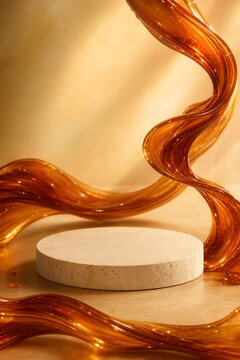 Stone pedestal for product showcase with liquid amber swirl. Minimalist display stand for cosmetics or jewelry. Abstract background scene for marketing presentation and luxury branding