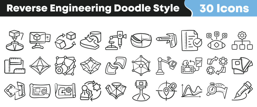 Set of thirty hand drawn reverse engineering icons in doodle style