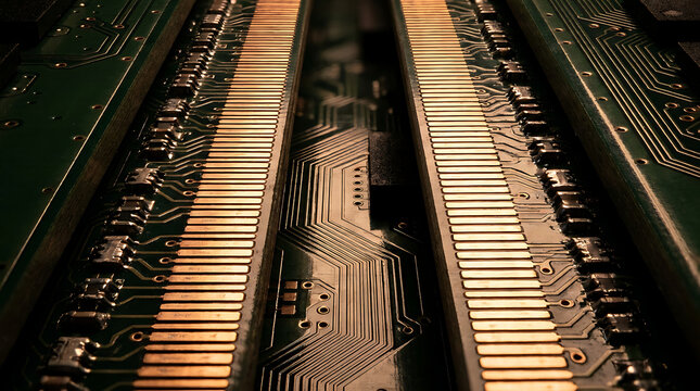 Macro photo of computer RAM memory chips forming a canyon architecture