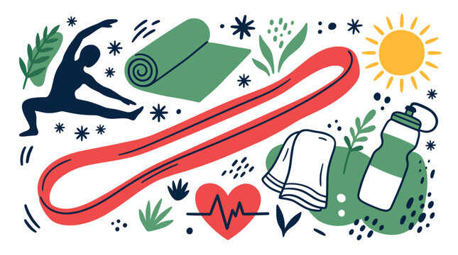 Fitness and wellness vector icons with yoga mat, resistance band and water bottle for mobile app design in modern illustration