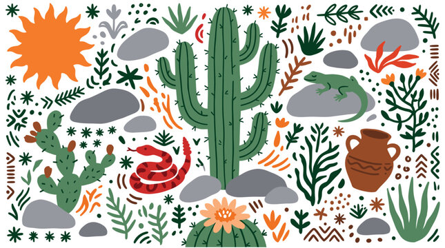 desert and nature vector icons with cacti, rocks and lizard for infographic design in hand-drawn illustration