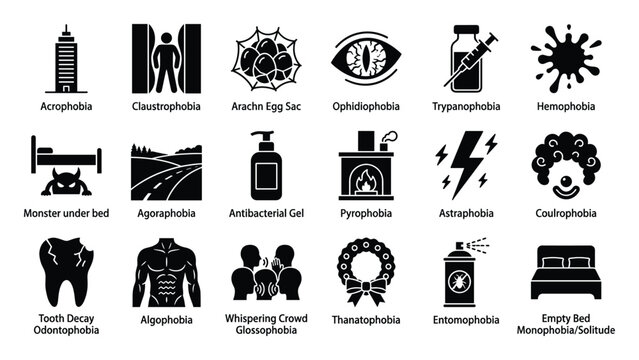 Set of phobia icons representing common fears and psychological anxieties for educational resources