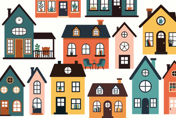 Fototapeta premium Bright seamless vector illustration of charming colorful houses in a cozy European village, filled with cute details.