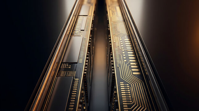 RAM memory chips canyon architecture concept with futuristic electronic circuit boards and golden light