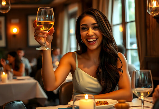Smiling young woman raising a glass of white wine in a restaurant, celebrating a special occasion with friends