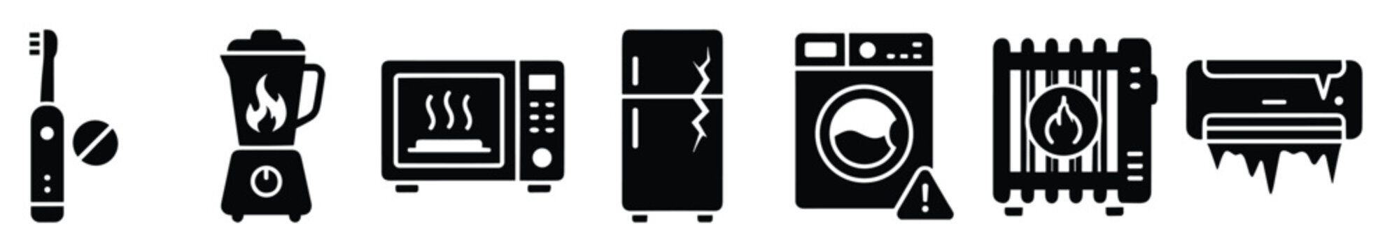 Set of broken household appliances with various issues for repair and service applications