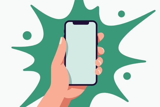 Hand holding smartphone with blank screen over vibrant green splash background, representing digital communication and mobile app usage.