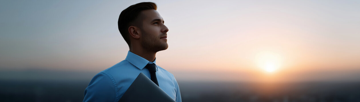 Professional Man with Laptop Looking at Sunset Over City Skyline