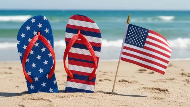 Patriotic american flag themed flip flops on a sandy beach