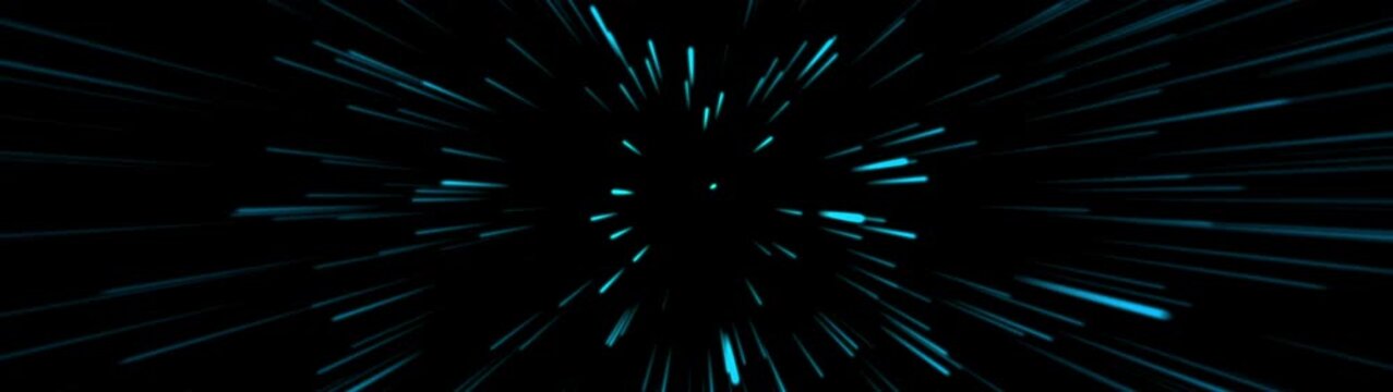 Wide panoramic blue neon laser beam explosion with fast zoom effect, abstract technology and sci-fi space tunnel long background.
