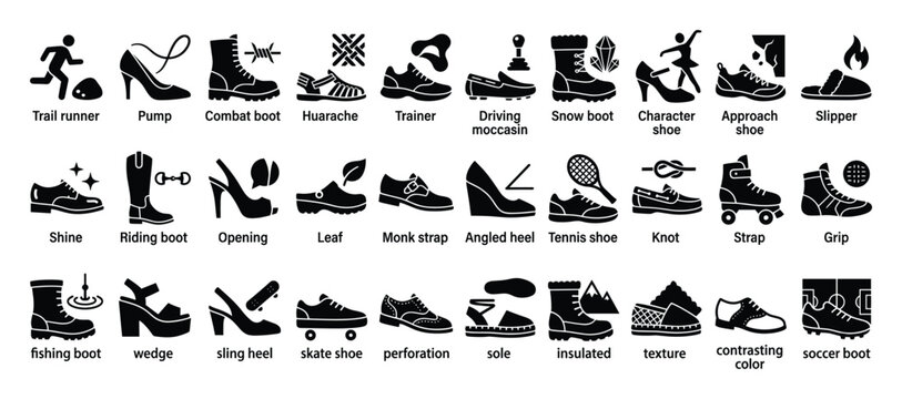 Set of footwear styles and features icons for web and mobile application UI design
