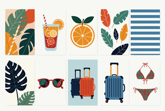 Grid of ten colorful summer vacation cards featuring tropical leaves, orange slices, suitcases, bikini, and sunglasses.