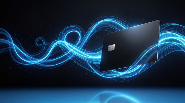 Modern Credit Card Design with Blue Light Waves in Dark Background