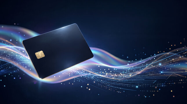 Elegant Minimalist Credit Card Floating Over Dynamic Light Waves