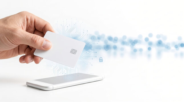 Hand Holding White Card Near Smartphone with Digital Security Elements