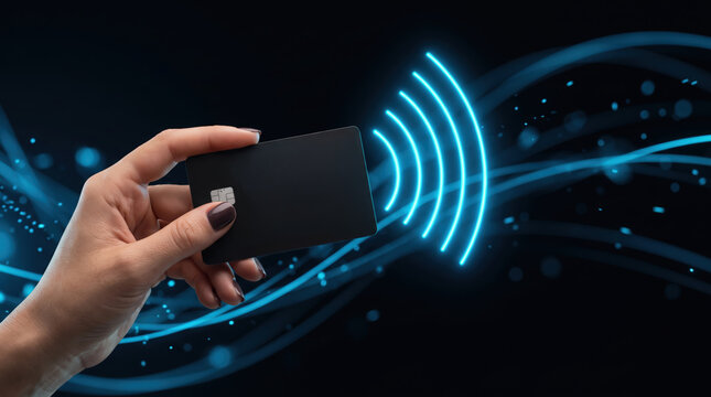 Hand Holding Black Card with Blue Digital Waves and Wireless Signals