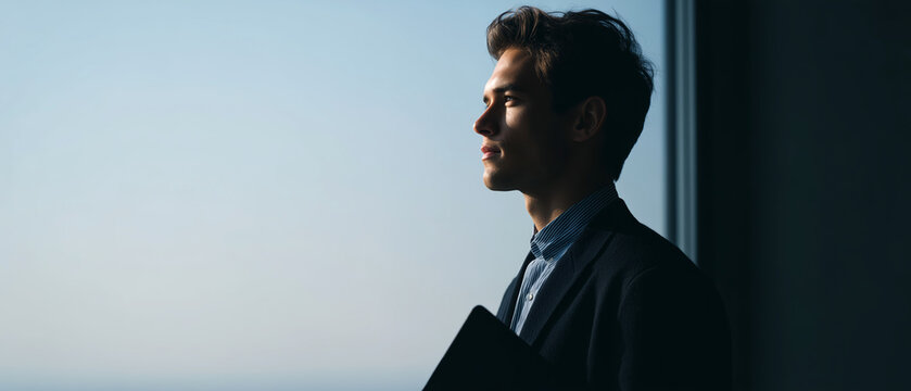 Thoughtful young man in formal suit gazing out of window at sunset
