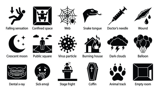 Set of diverse conceptual icons depicting common fears, phobias, and everyday objects